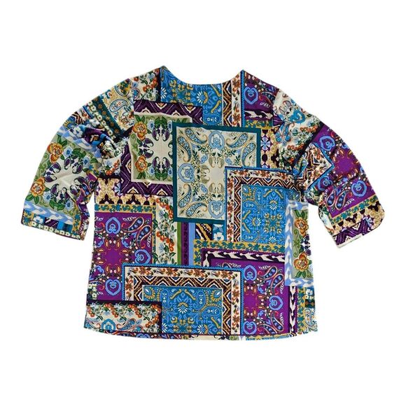 Susan Graver Multicolor Patchwork Liquid Knit Top 3/4 Split Sleeve 1XL Zipper - Picture 2 of 8